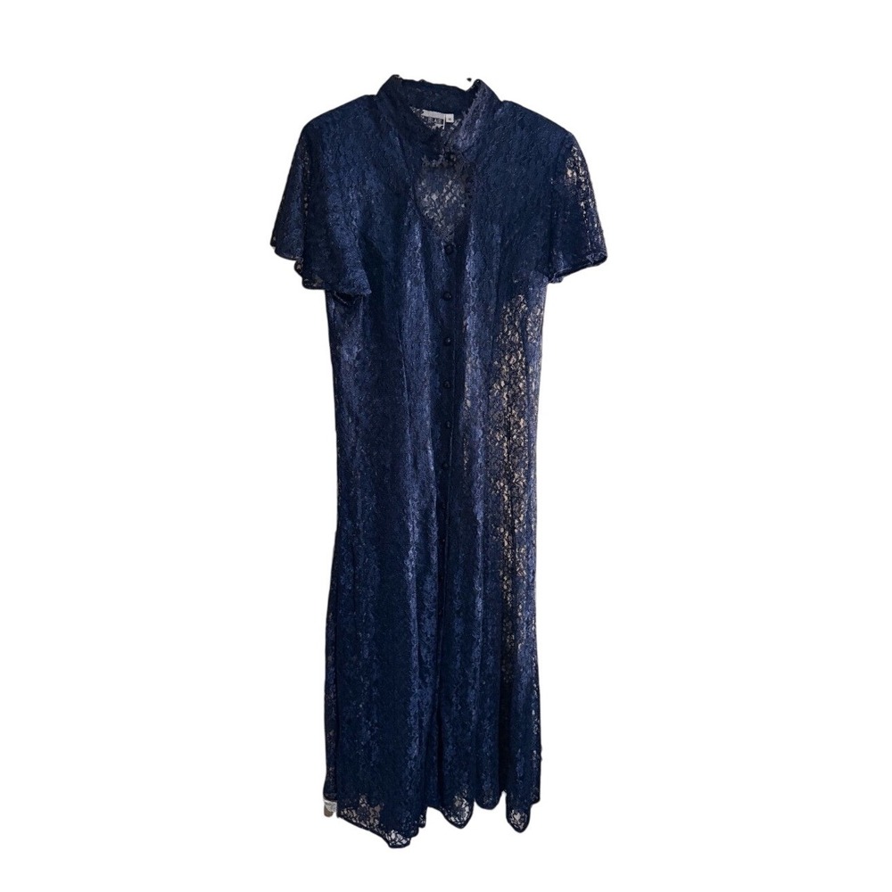 Vintage Joni Blair Navy Blue Lace Maxi Dress Sheer Short Sleeve‎ Corset Back ML